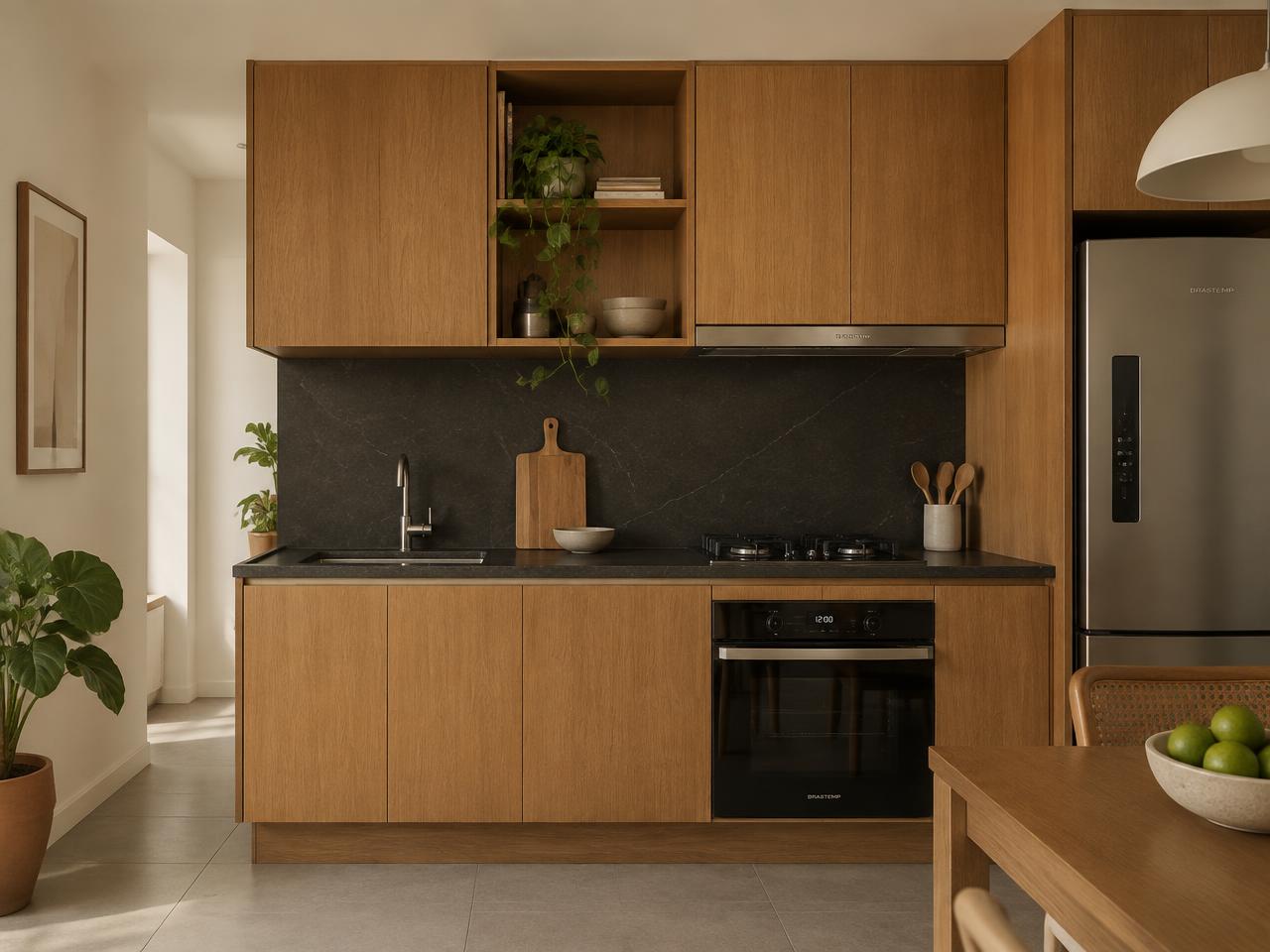 Cozinha compacta com armários de madeira e revestimento escuro