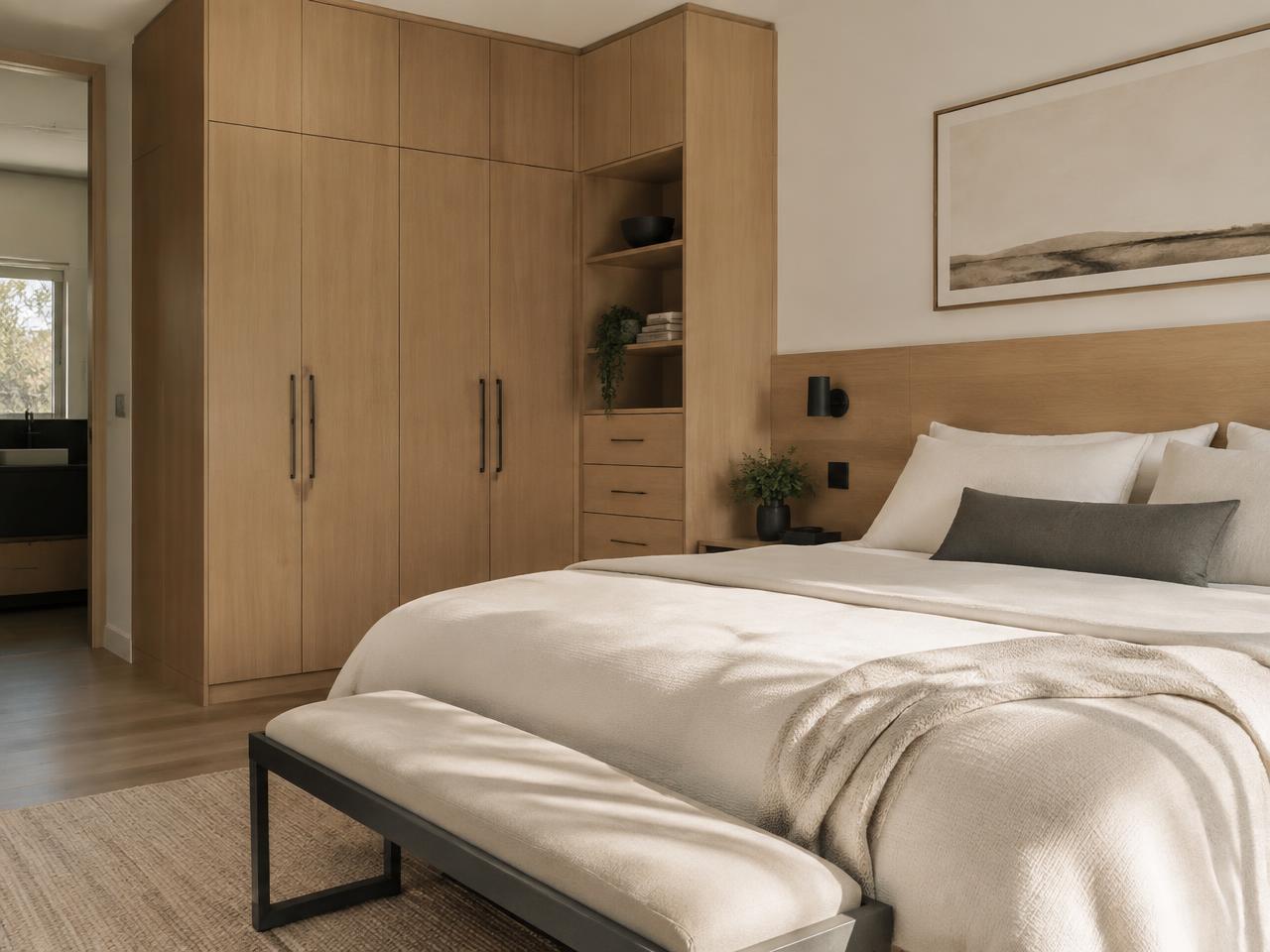 Quarto com armário planejado em madeira clara e painel de cabeceira