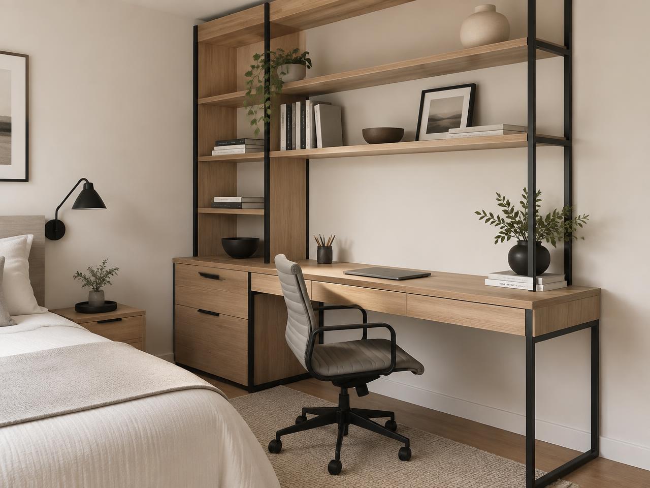 Bancada de home office em madeira com prateleiras e estrutura preta