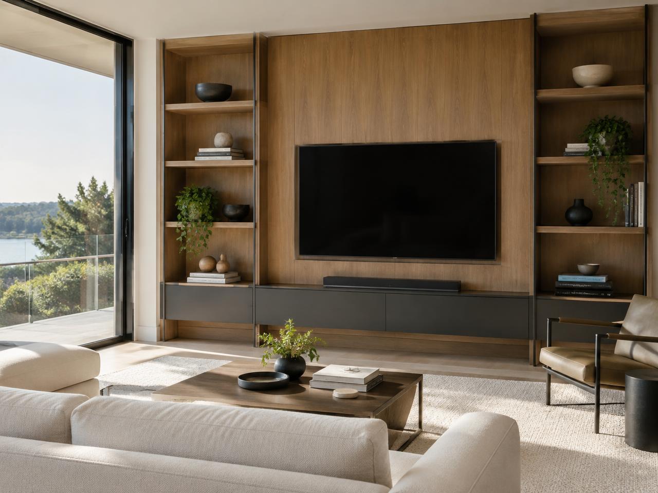Sala de estar com painel de madeira, estantes e rack planejado